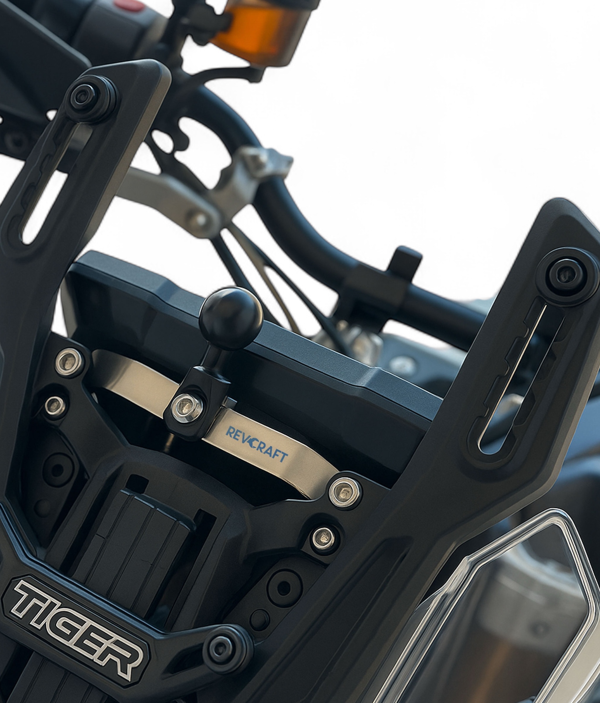 RevCraft GPS mobile mount for Triumph Tiger 900 – stainless steel SS304 mount with 1-inch ball design, sturdy subframe fit, plug-and-play installation, lightweight 99g