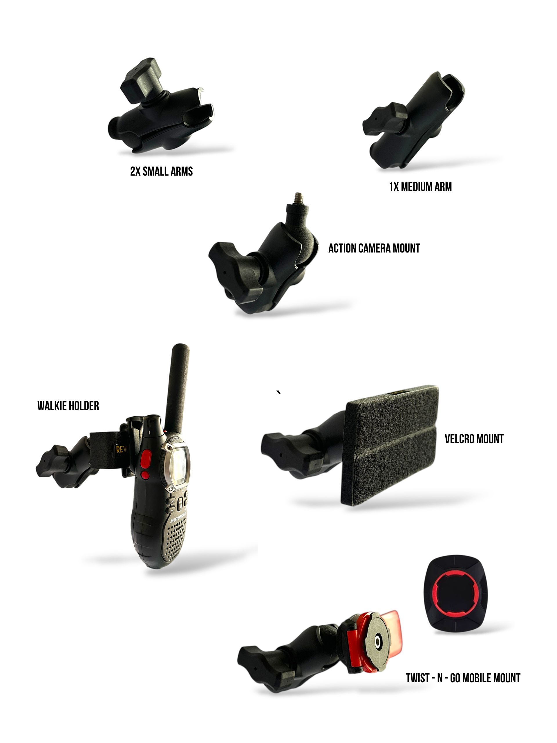 RevCraft A-Pillar Mount bracket with triple 1-inch ball base installed inside 4x4 cabin, Modular A-pillar mounting bracket with 3 one-inch ball mounts, 4x4 A-pillar accessory mount with universal 1-inch ball system, RevCraft A-Pillar Mount installed on vehicle A-pillar with modular ball mounts, Cabin A-pillar bracket holding 1-inch ball mounting system, Interior A-pillar mount setup for phone walkie and camera modules, Close-up of RevCraft A-Pillar bracket with three 1-inch ball mounts, Textured metal A-pillar mounting bracket with ball system, Modular A-pillar mount base with universal ball joints, A-pillar mount holding action camera inside off-road vehicle, Modular cabin mount supporting phone and camera on A-pillar, 4x4 interior A-pillar mounting system in use
