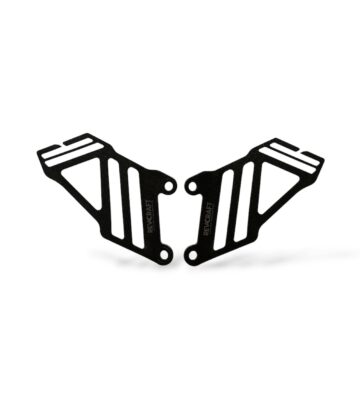 RevCraft KTM 390 Adventure heel guard set featuring precision laser-cut black metal construction with lightweight slotted design and OEM-style fitment